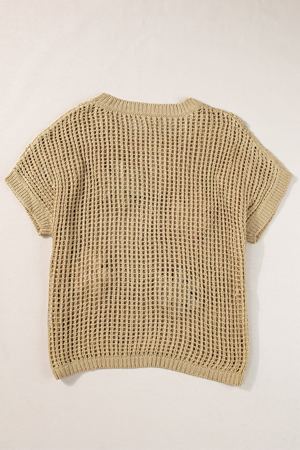 Light Beige Hollowed Crochet Colorful Flower Loose Knit T Shirt