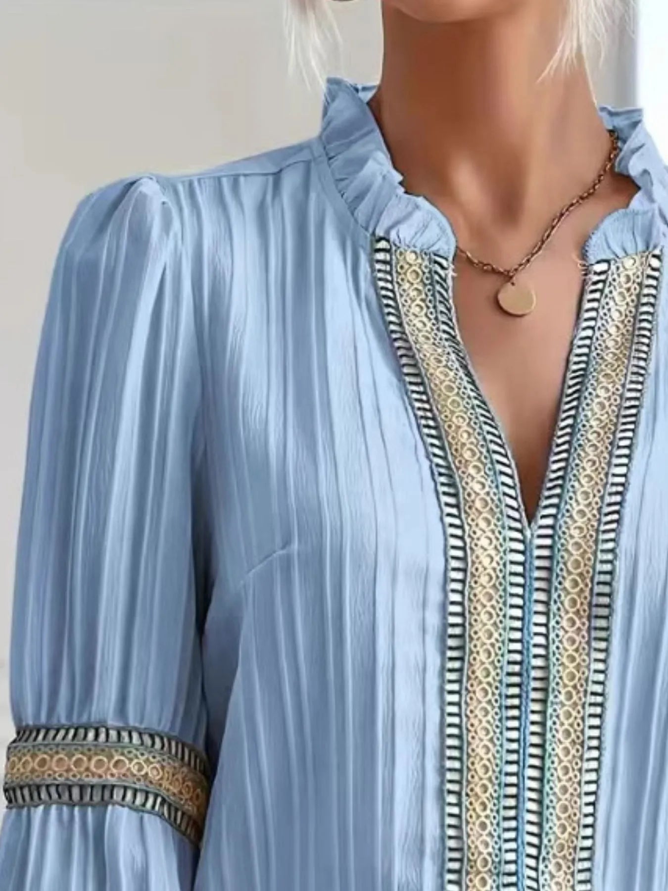 Notched Textured Balloon Sleeve Blouse - minbolu -