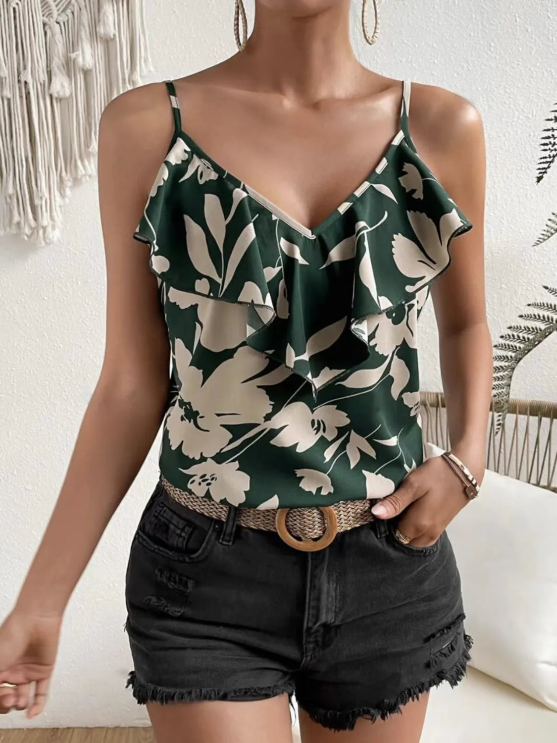 Ruffled Printed V-Neck Cami - minbolu -