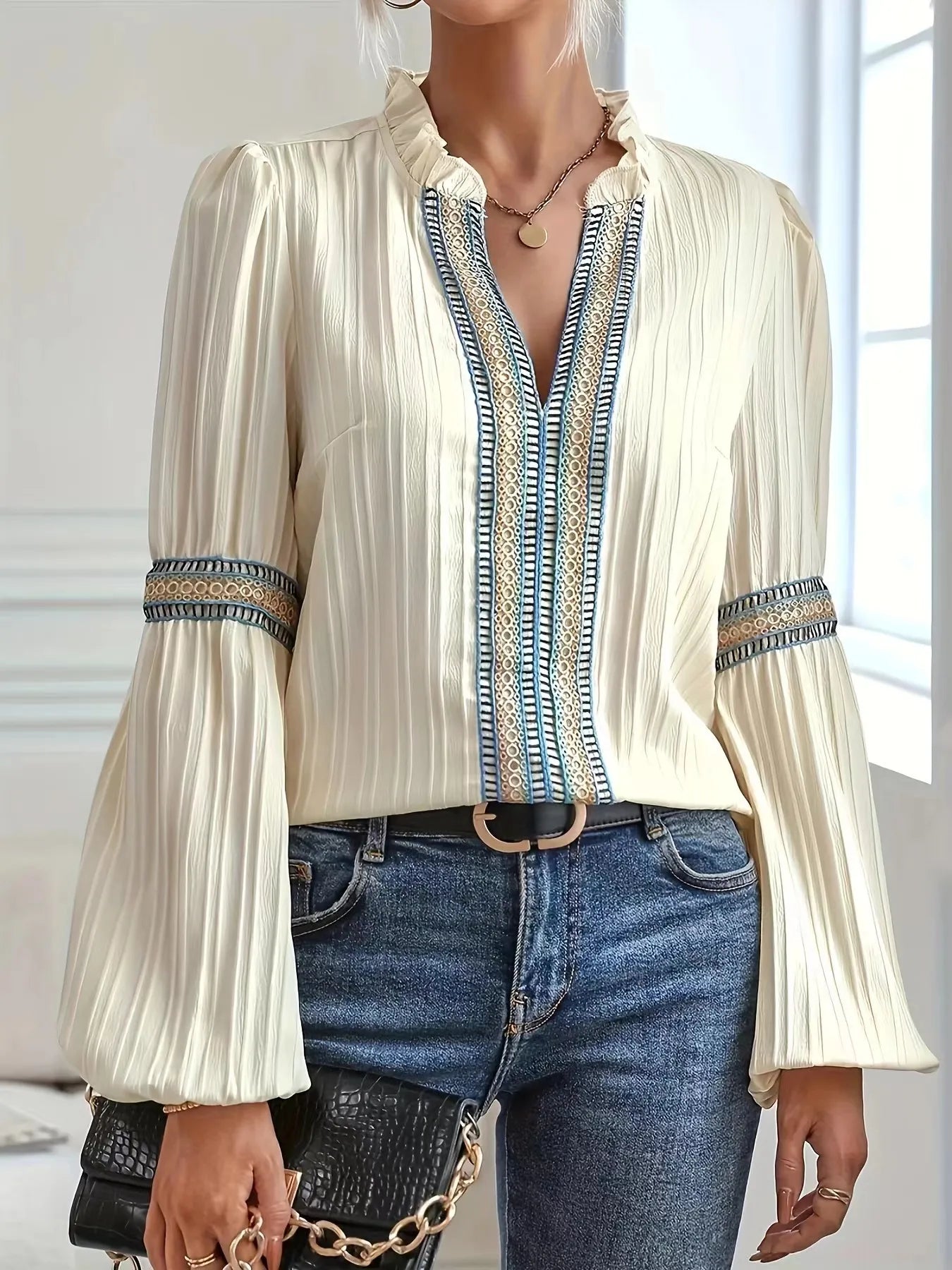 Notched Textured Balloon Sleeve Blouse - minbolu -
