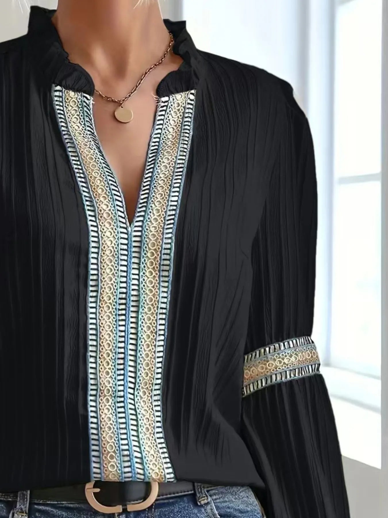 Notched Textured Balloon Sleeve Blouse - minbolu -