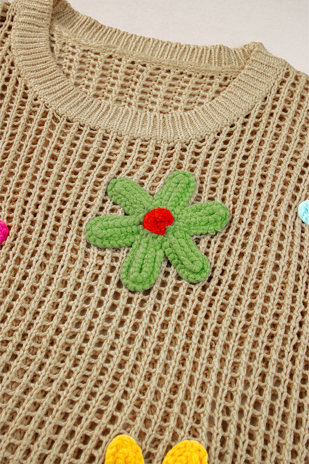 Light Beige Hollowed Crochet Colorful Flower Loose Knit T Shirt