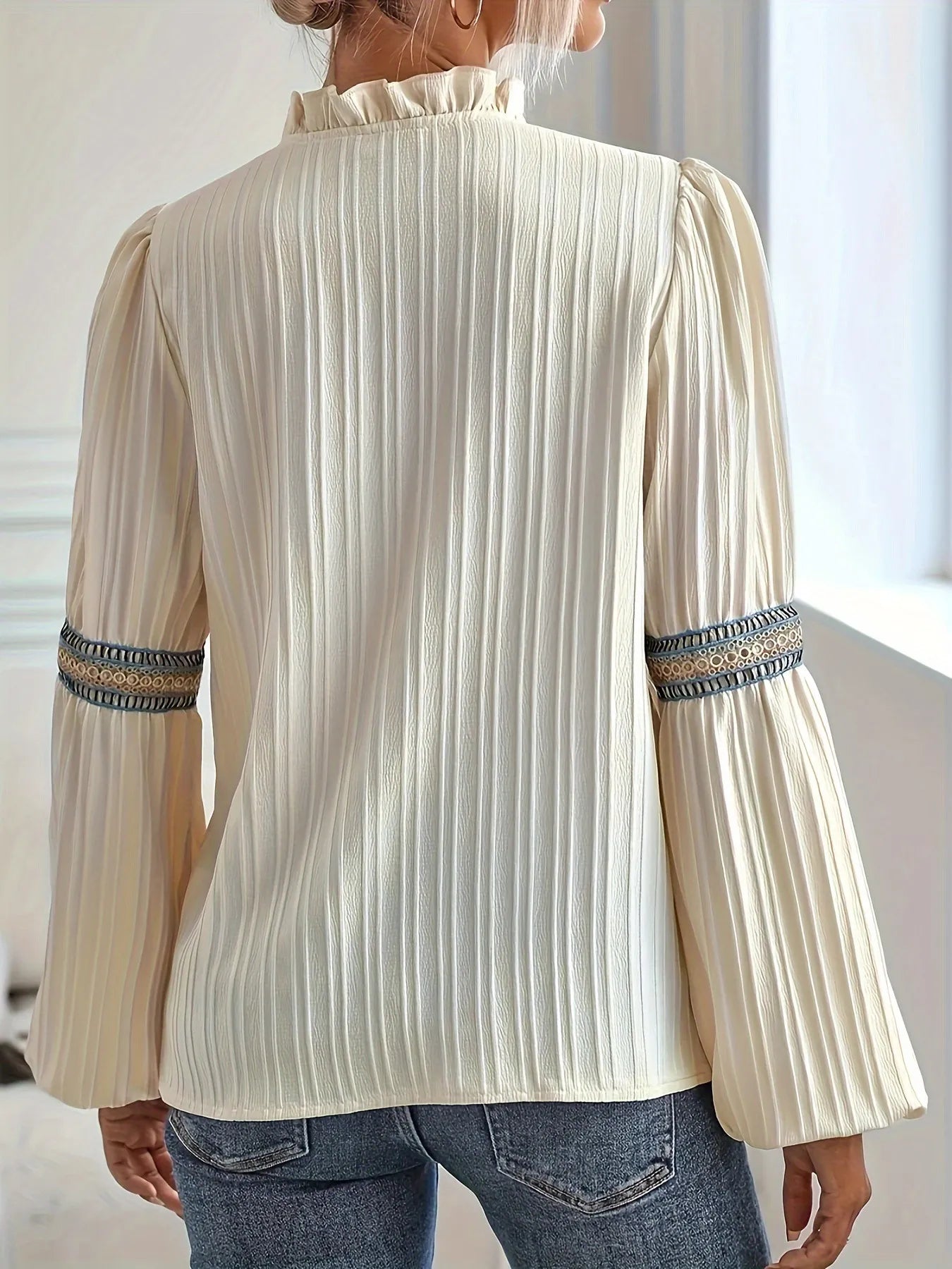 Notched Textured Balloon Sleeve Blouse - minbolu -