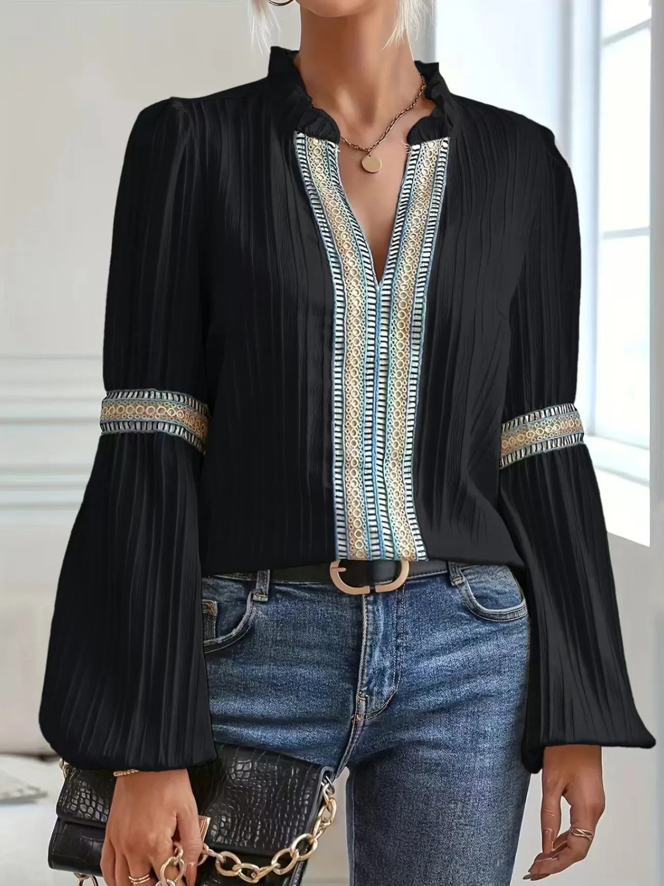 Notched Textured Balloon Sleeve Blouse - minbolu -