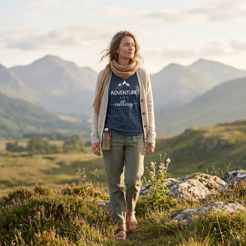 Woman walking through hilly area with mountaints in the background wearing a cardigan and a t-shirt that says adventure is calling.