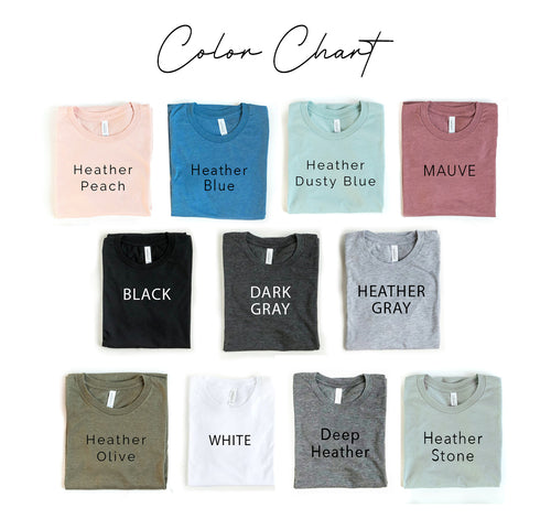 Color chart of folded shirts with labels on a white background