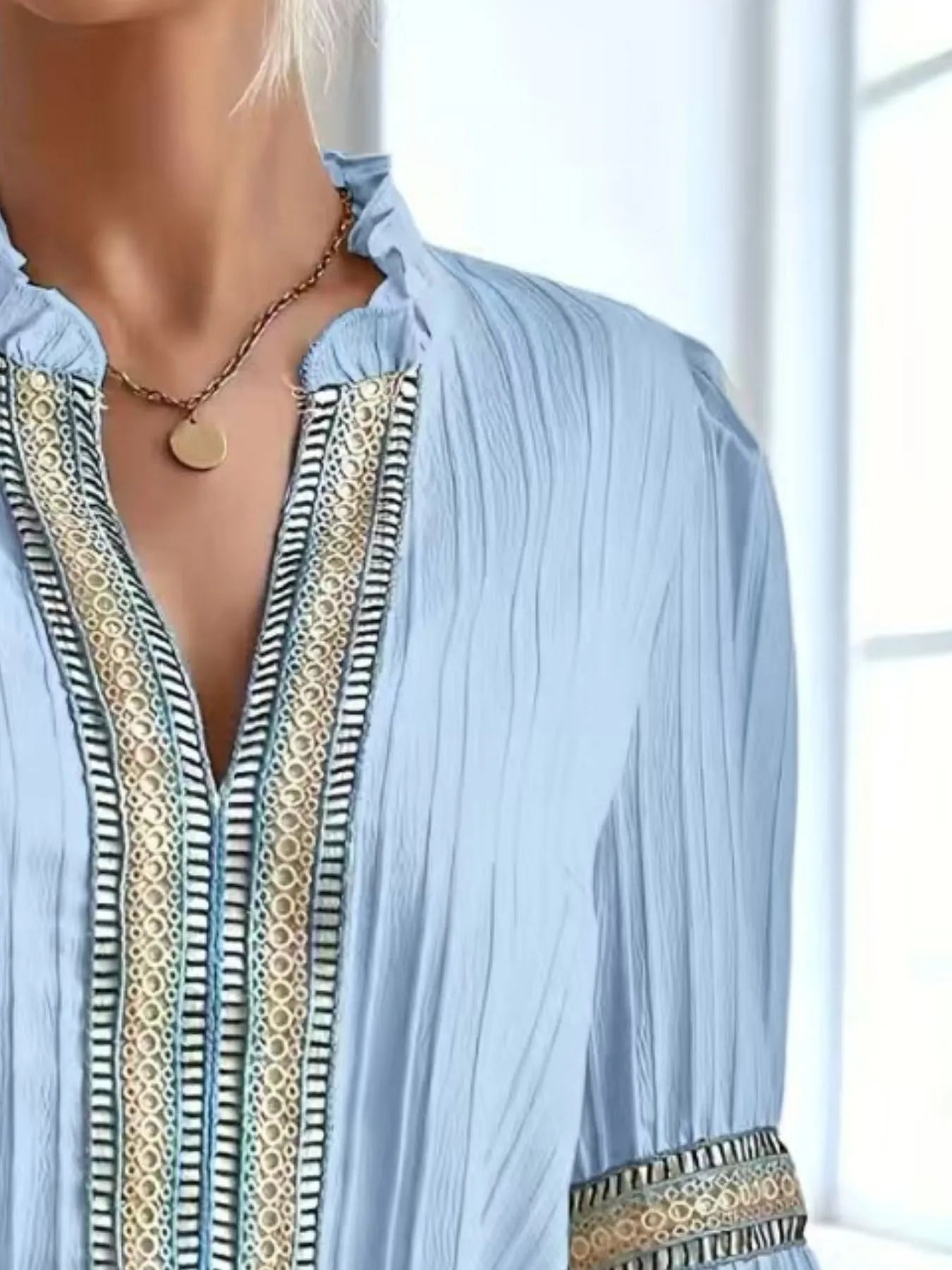Notched Textured Balloon Sleeve Blouse - minbolu -