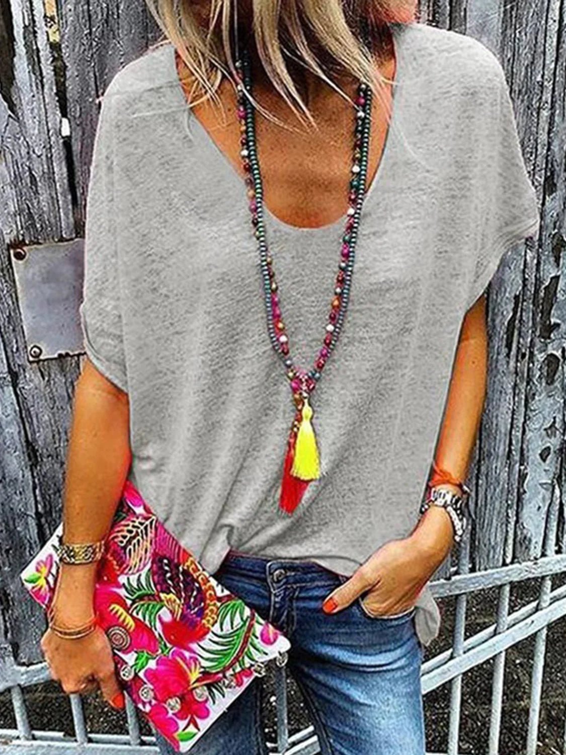 Basic Style Scoop Neck Tee - minbolu -