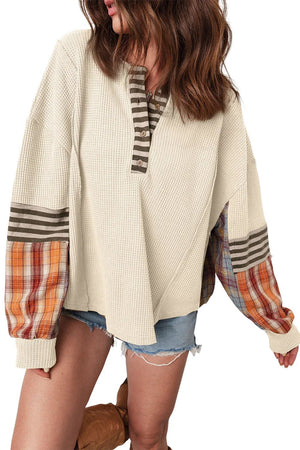 Beige Waffle Patchwork Henley Top – Cozy & Chic - minbolu -