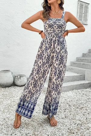 Blue Boho Geometric Print Smocked High Waist Wide Leg Jumpsuit - minbolu -