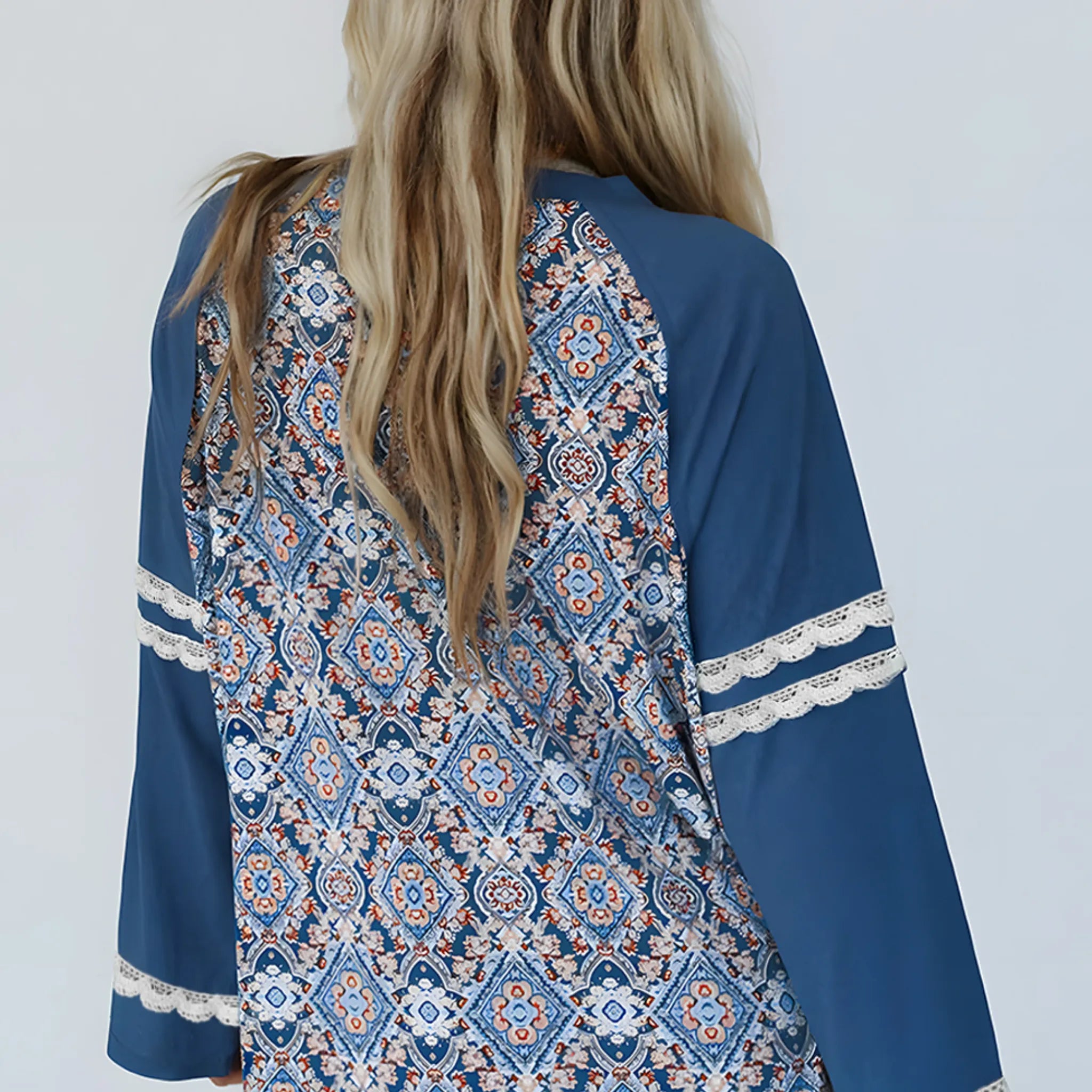 Boho Geometric Print Blouse with Lace Ricrac Detail