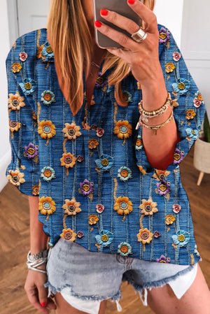 Blue Floral Patchwork Collared V Neck Blouse - minbolu -
