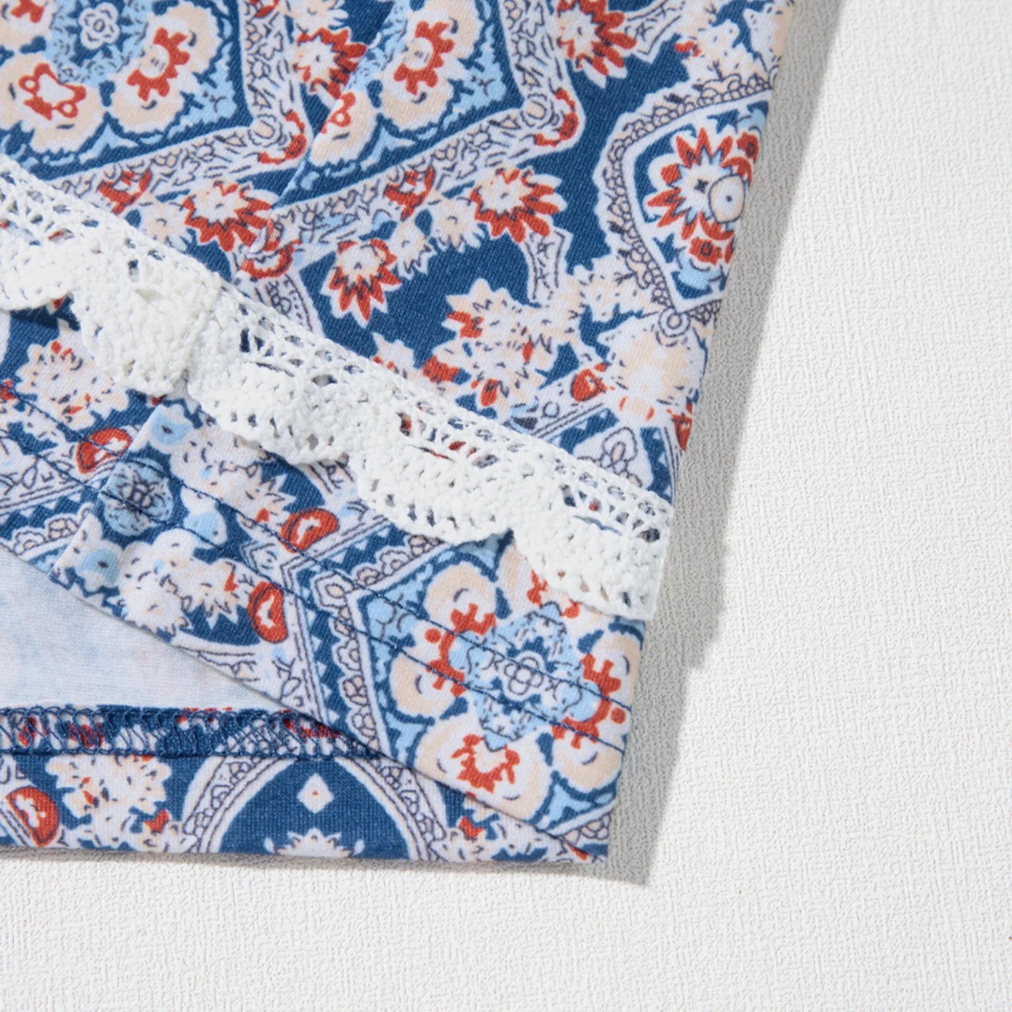Boho Geometric Print Blouse with Lace Ricrac Detail