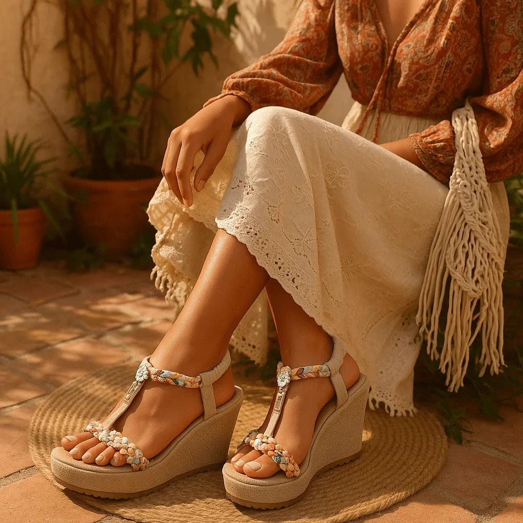 Bohemian Floral Wedge Sandals - Braided Strap Canvas Platform - minbolu -