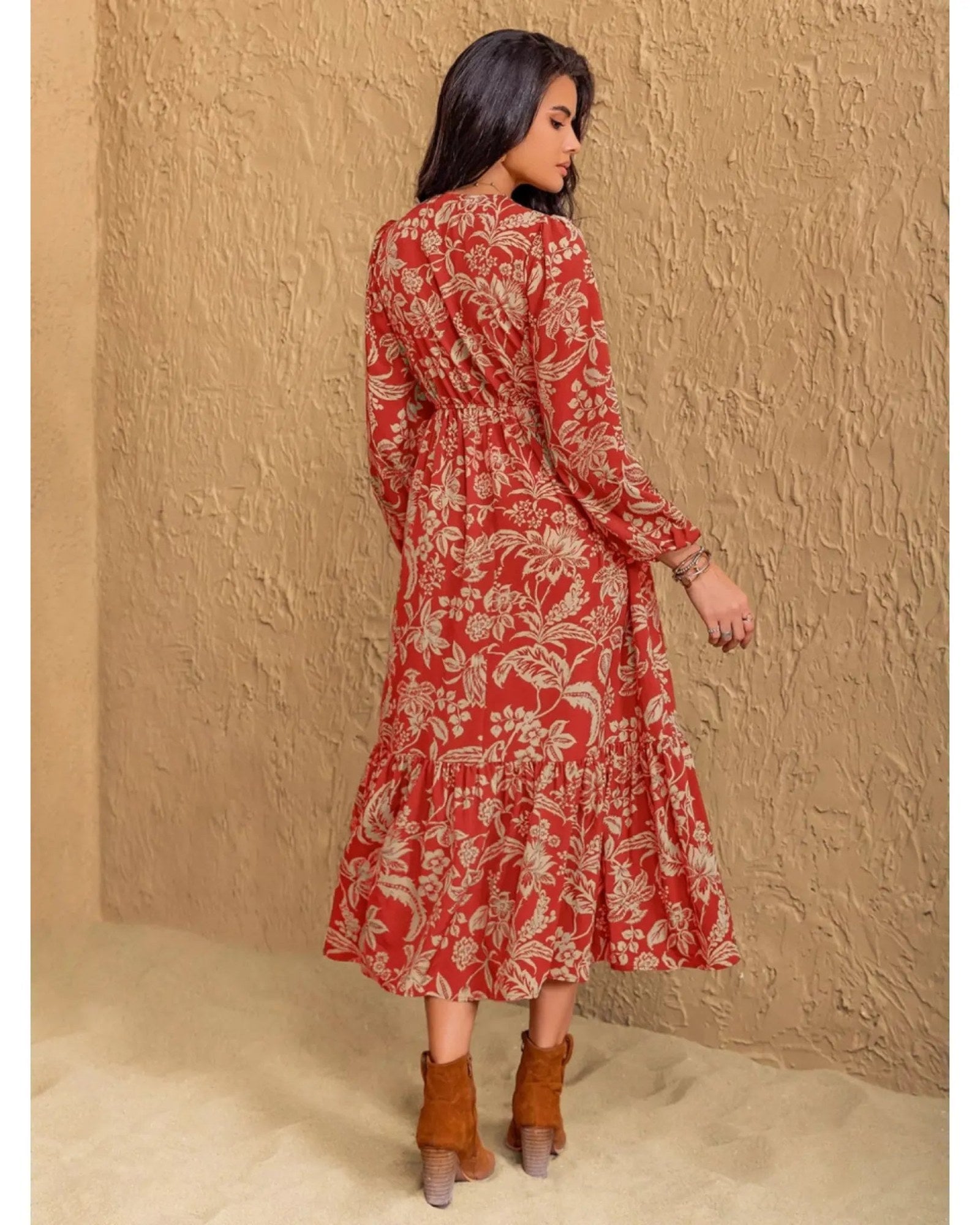 Boho Floral Print Long Sleeve Midi Dress - Ruched Waist Flowy A-Line Dress