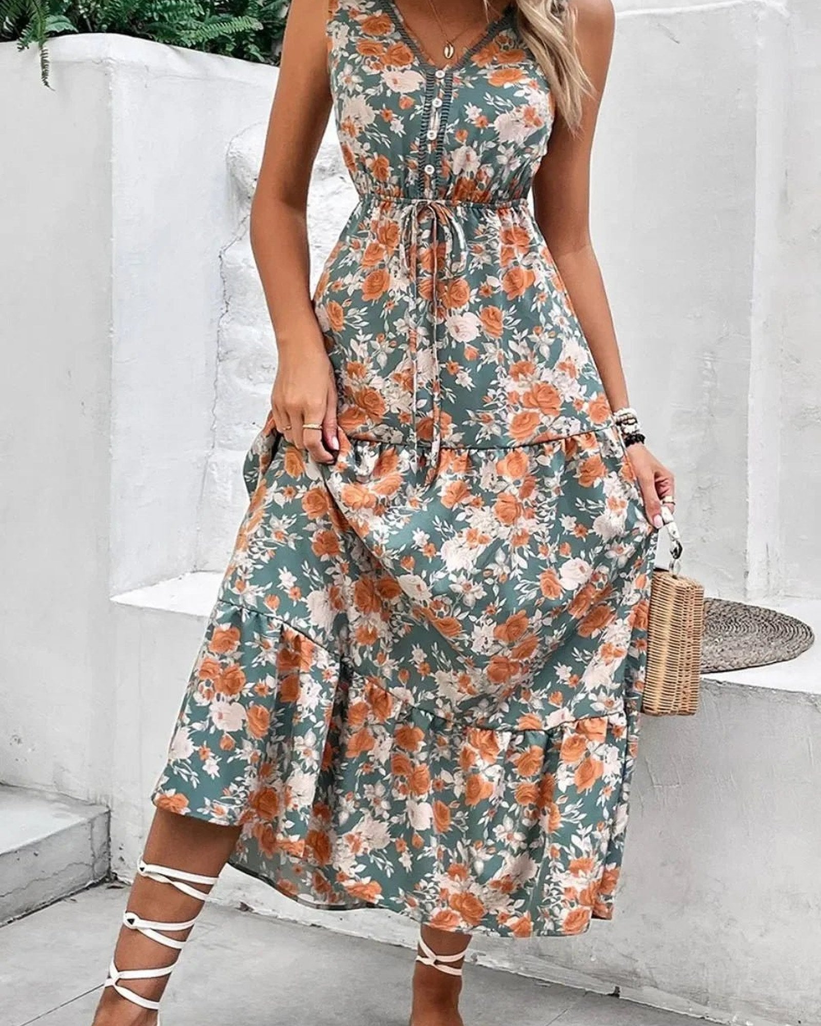 Floral Print Trimmed V Neck Tie Waist Sleeveless Dress