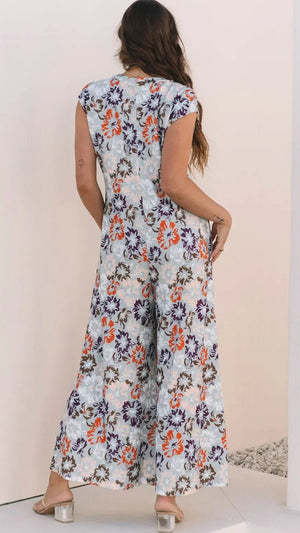 Boho Jumpsuit - Floral Sleeveless Button Front Wide Leg Women's Jumpsuit - minbolu -