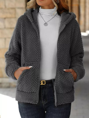 Boho Outerwear - Women's Textured Knit Zip-Up Hooded Jacket - minbolu -