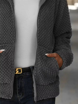 Boho Outerwear - Women's Textured Knit Zip-Up Hooded Jacket - minbolu -