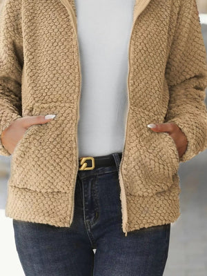 Boho Outerwear - Women's Textured Knit Zip-Up Hooded Jacket - minbolu -