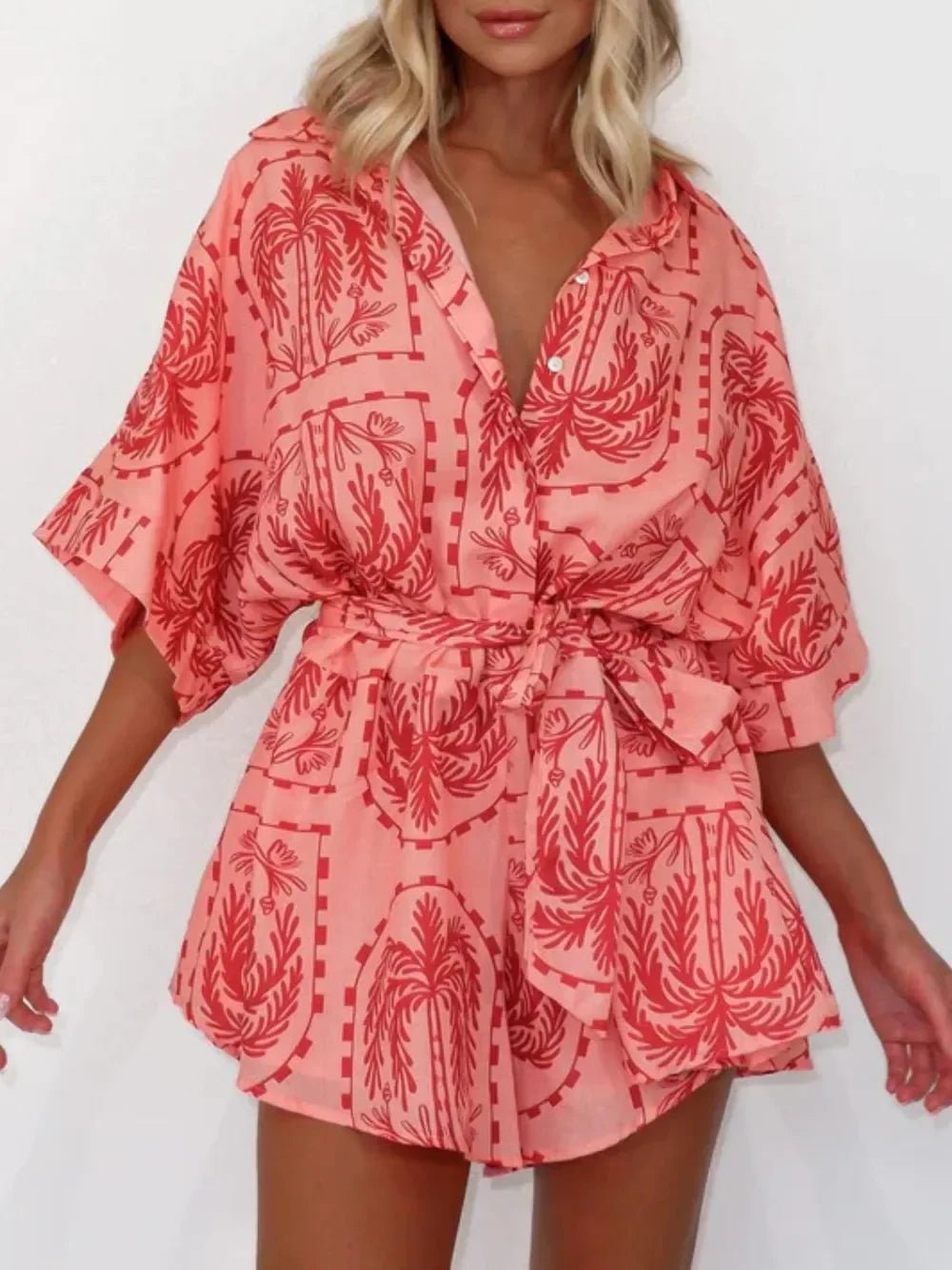 Boho Romper - Printed Tie Waist Half Sleeve Celestial Romper - minbolu -