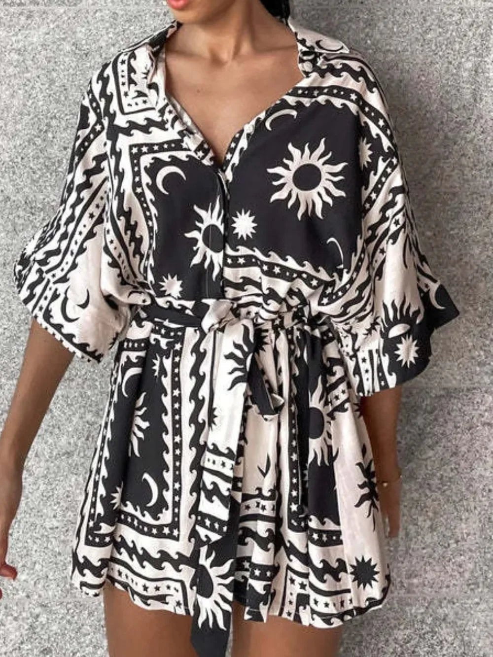 Boho Romper - Printed Tie Waist Half Sleeve Celestial Romper - minbolu -