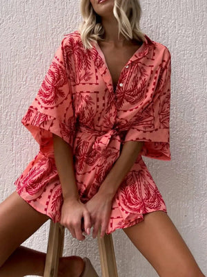 Boho Romper - Printed Tie Waist Half Sleeve Celestial Romper - minbolu -
