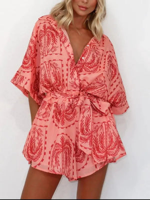 Boho Romper - Printed Tie Waist Half Sleeve Celestial Romper - minbolu -