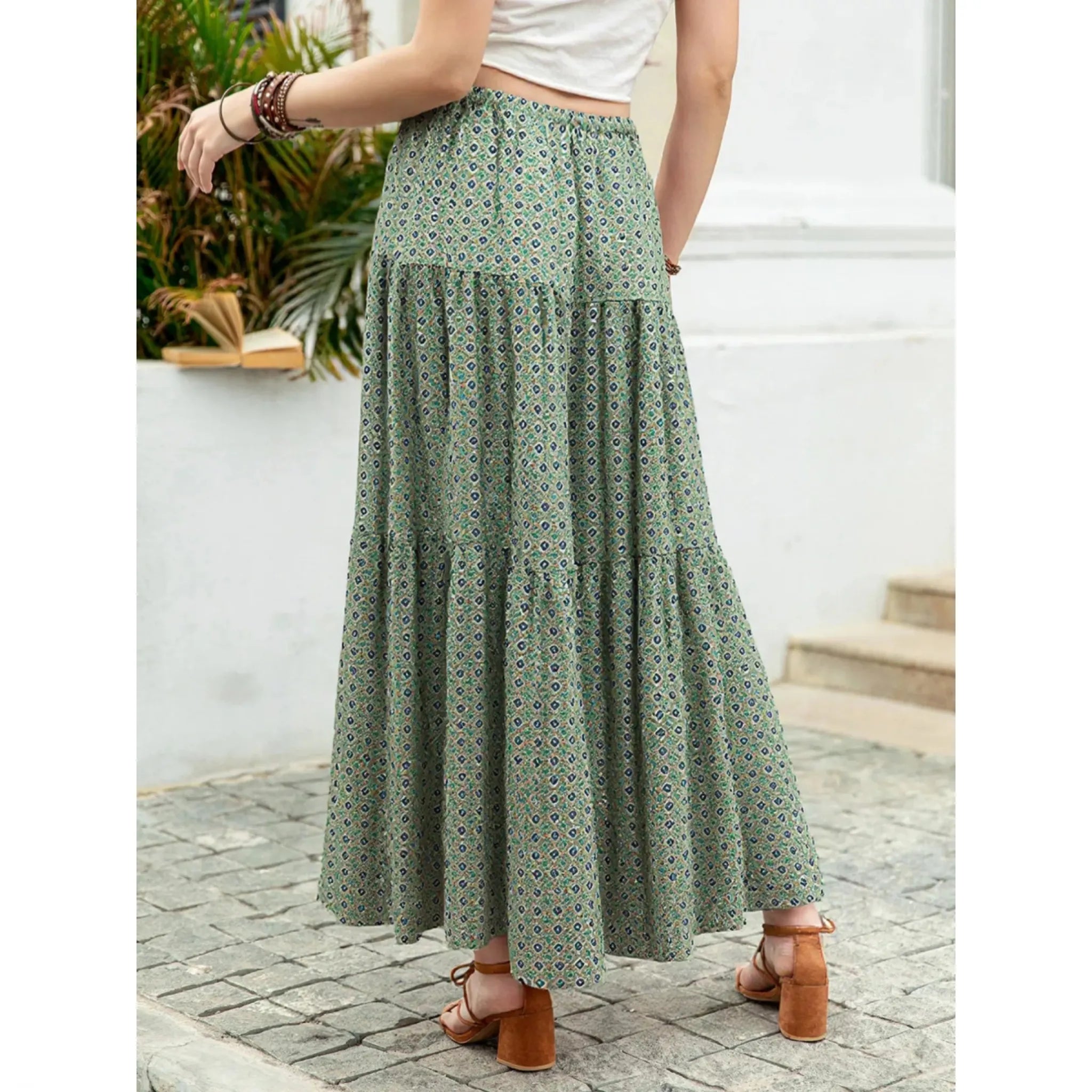 Boho Print Tiered Maxi Skirt - Matcha Green Long Skirt with Drawstring