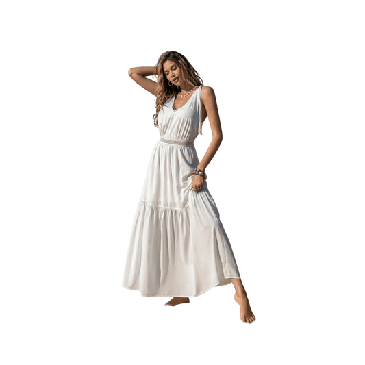 Boho V-Neck Crochet Maxi Dress White - minbolu -