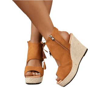 Boho Wedge Sandals - Women's Peep Toe Mid Heel Comfort Shoes - minbolu -
