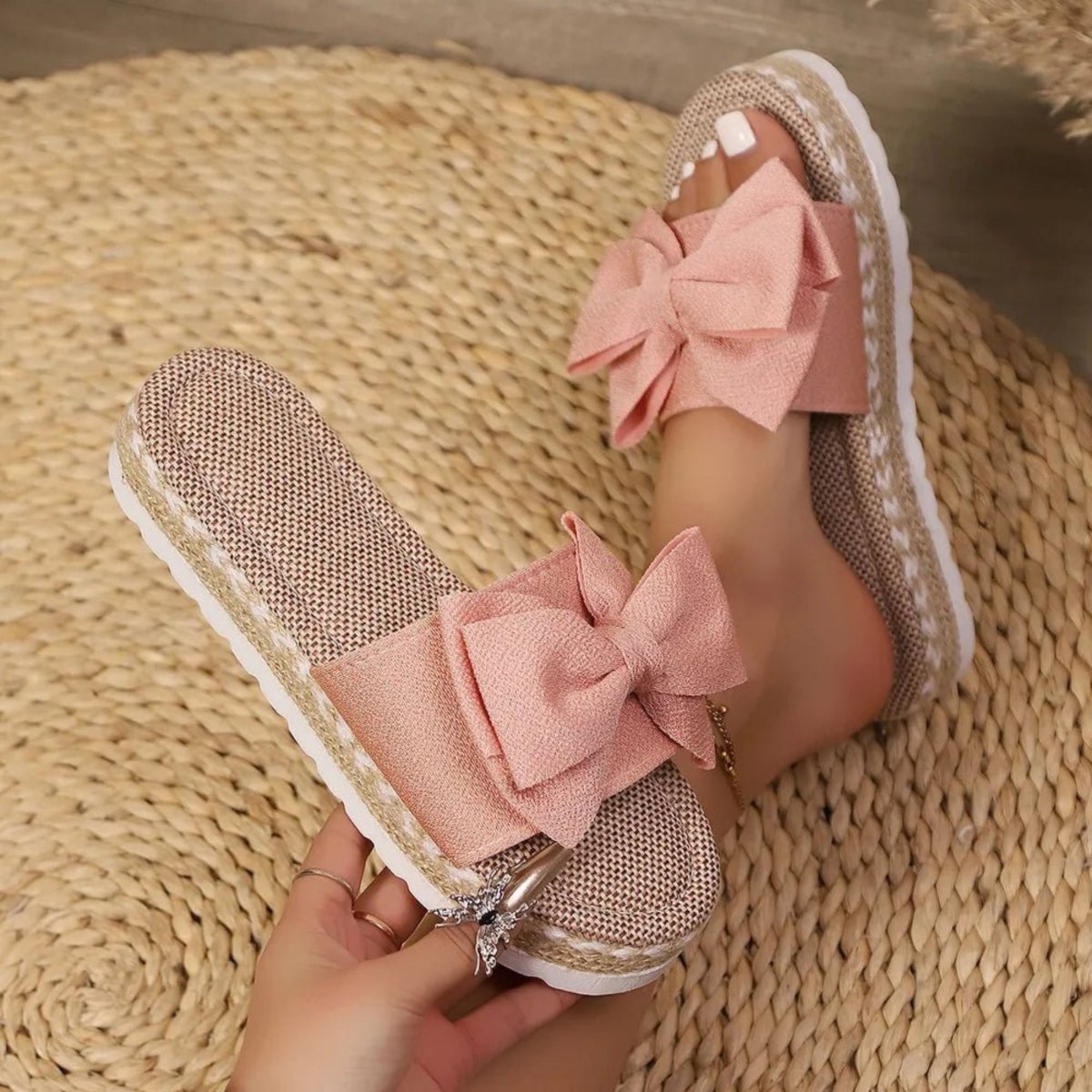 Bow Open Toe Platform Sandals - Open Toe Slide Sandals - minbolu