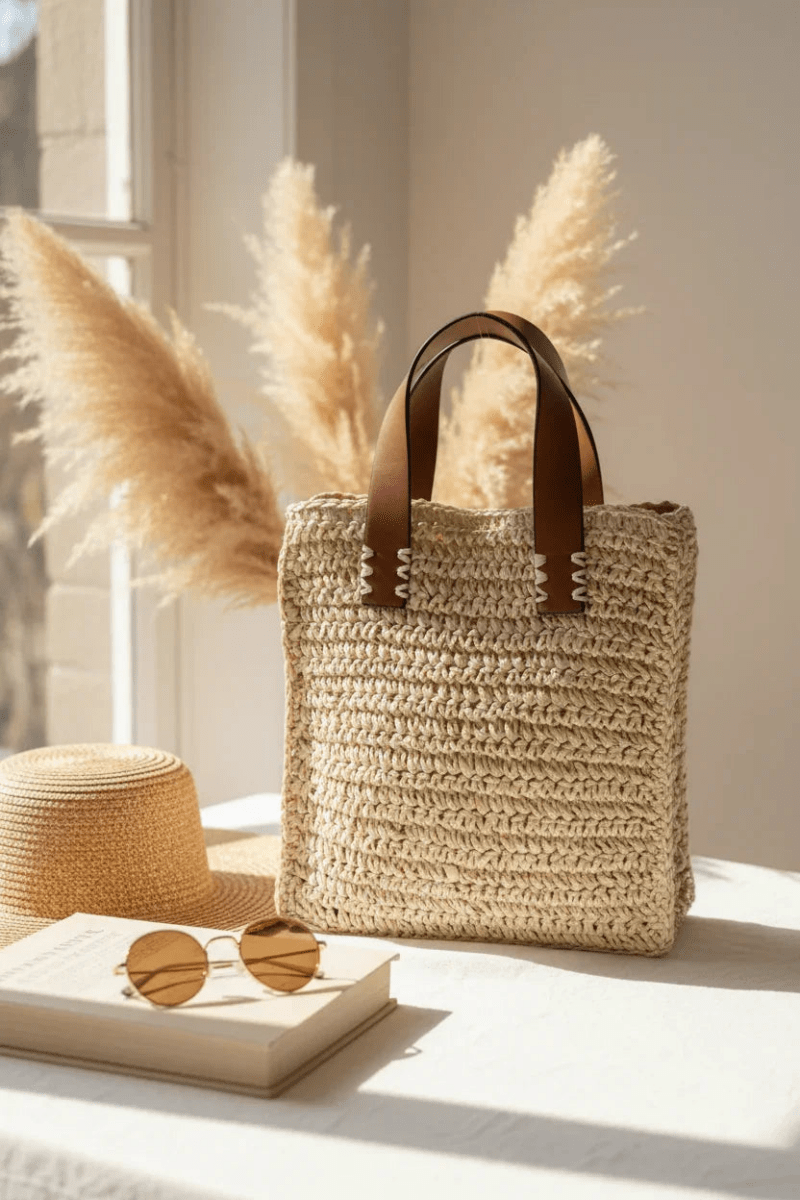Braided Handbag - Natural Straw Tote with Faux Leather Handles - minbolu -