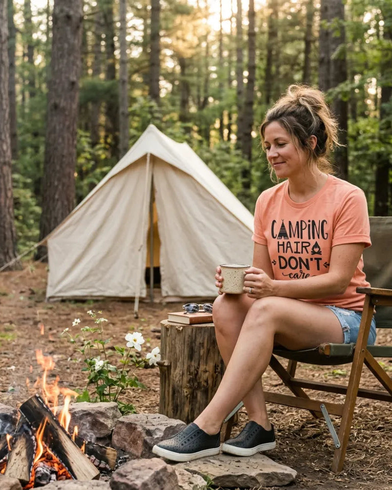 woman in folding chair with feet by a campfire and a tent in the background. peach colored shirt says amping hair don't care