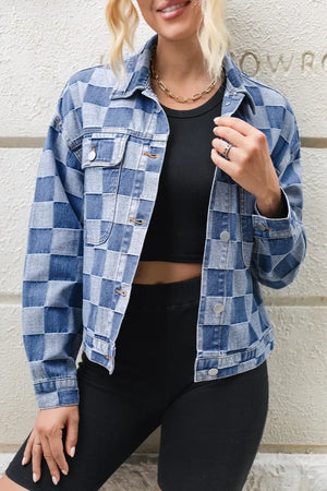 Checkered Button Up Long Sleeve Denim Jacket - minbolu -