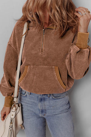 Chestnut Half Zipper Kangaroo Pocket Drawstring Corduroy Hoodie - minbolu -