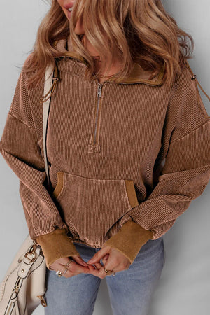 Chestnut Half Zipper Kangaroo Pocket Drawstring Corduroy Hoodie - minbolu -