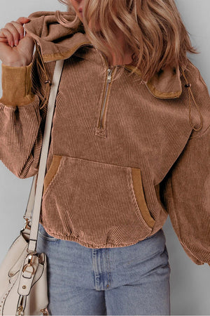 Chestnut Half Zipper Kangaroo Pocket Drawstring Corduroy Hoodie - minbolu -