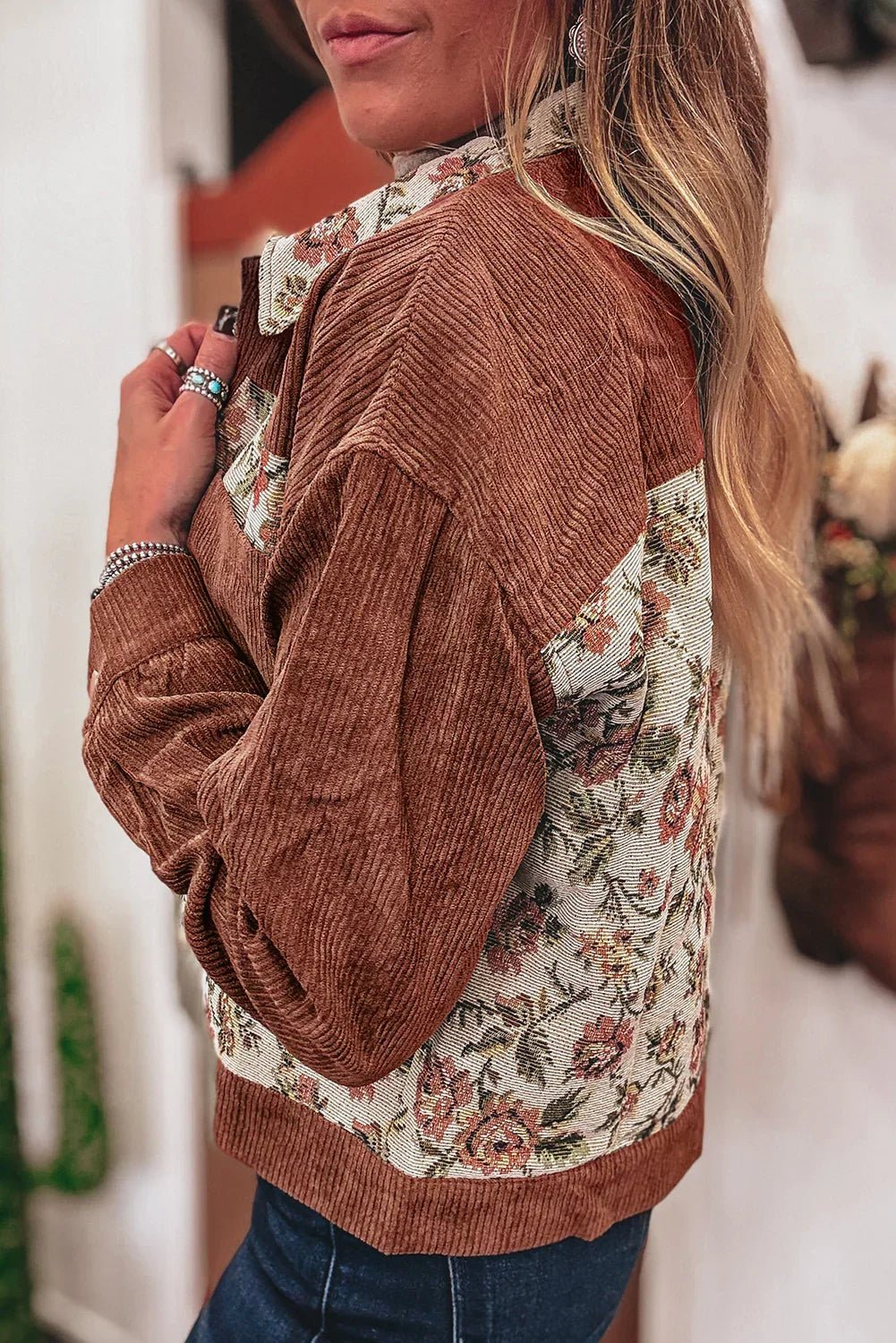 Clay Ribbed Retro Floral Patchwork Jacket - minbolu -
