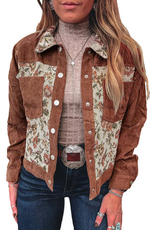 Clay Ribbed Retro Floral Patchwork Jacket - minbolu -