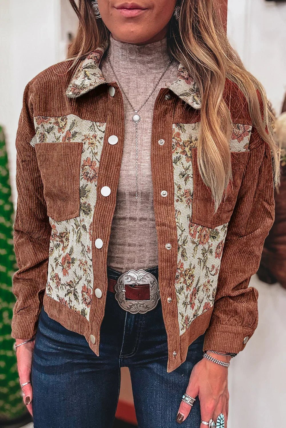 Clay Ribbed Retro Floral Patchwork Jacket - minbolu -