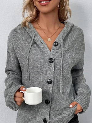 Cozy Drawstring Button Up Women’s Cardigan with Hood - minbolu -