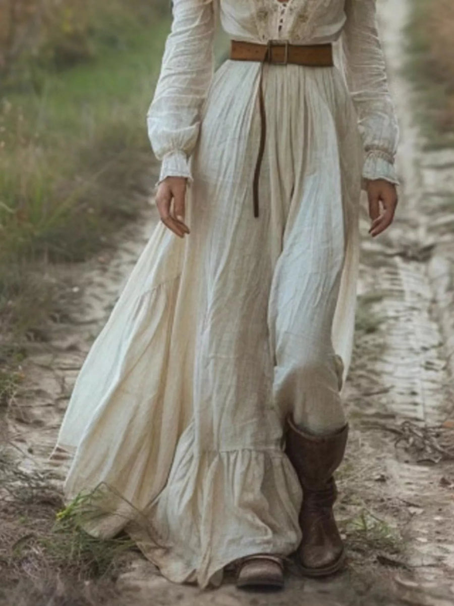 Deep V-Neck Long Sleeve Boho Maxi Dress - Flowing Lightweight Dress - minbolu -