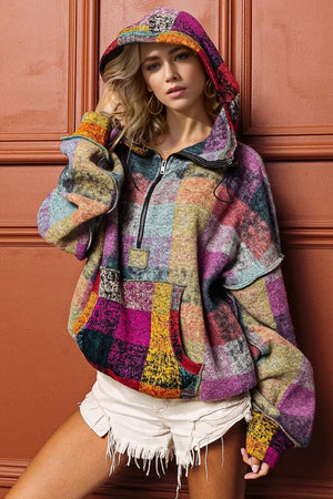 Double Take Luxe Half-Zip Exposed Seam Boho Fleece Women’s Hoodie - minbolu -