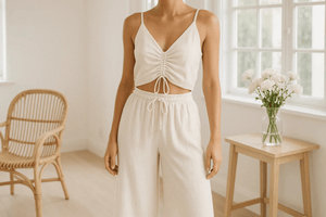 Drawstring V-Neck Tank and Wide-Leg Pants Set - Cream - minbolu -