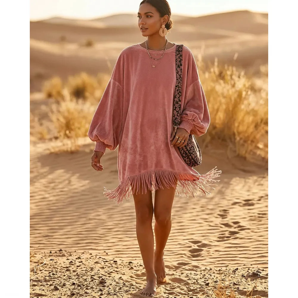 Boho Velvet Fringe Mini Dress with Balloon Sleeves