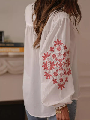 Embroidered Button Up Long Sleeve Shirt - minbolu -