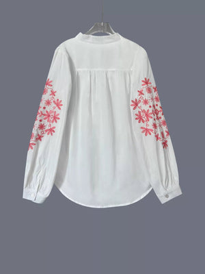Embroidered Button Up Long Sleeve Shirt - minbolu -