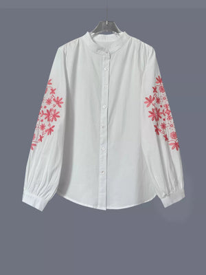 Embroidered Button Up Long Sleeve Shirt - minbolu -