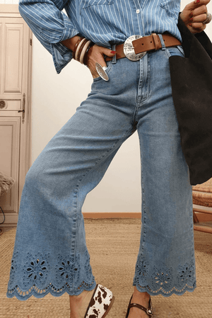 Embroidered High Waist Jeans - Dusk Blue Wide Leg Cropped - minbolu -
